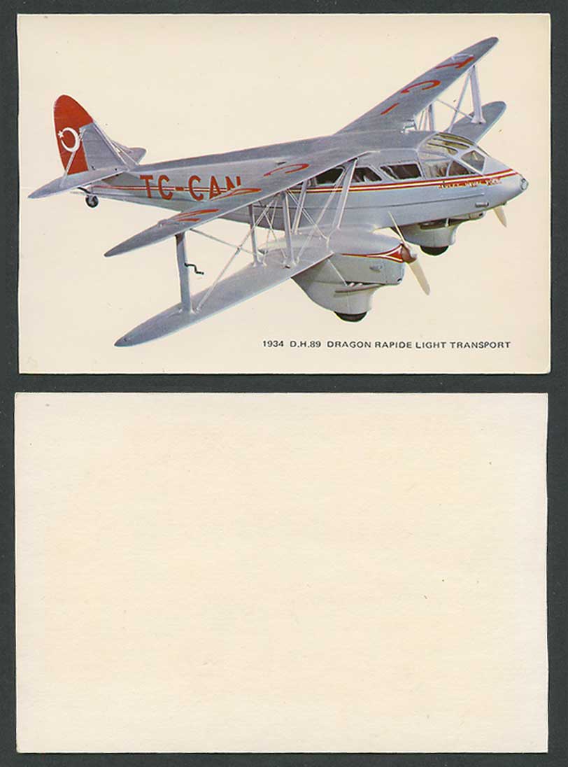 1934 D.H.89 Dragon Rapide Light Transport TC-CAN Biplane Airplane Aircraft Card