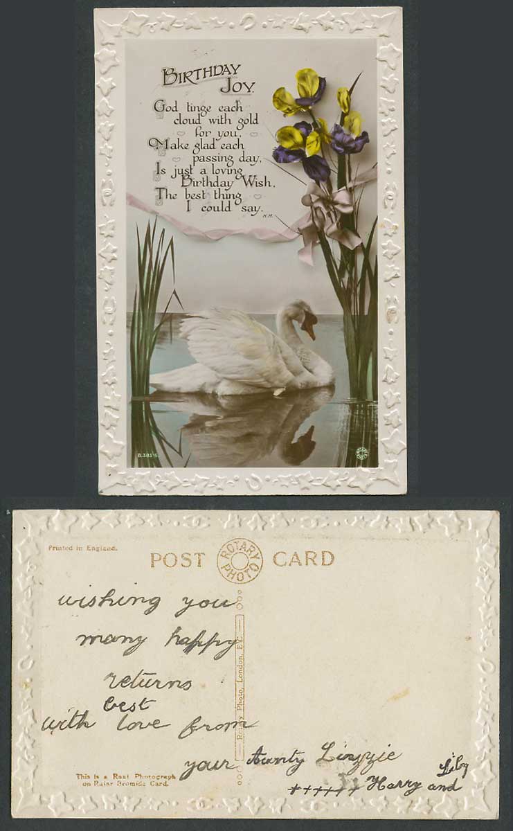 Swan Bird Reed, Birthday Joy God tinge each cloud with gold for you Old Postcard