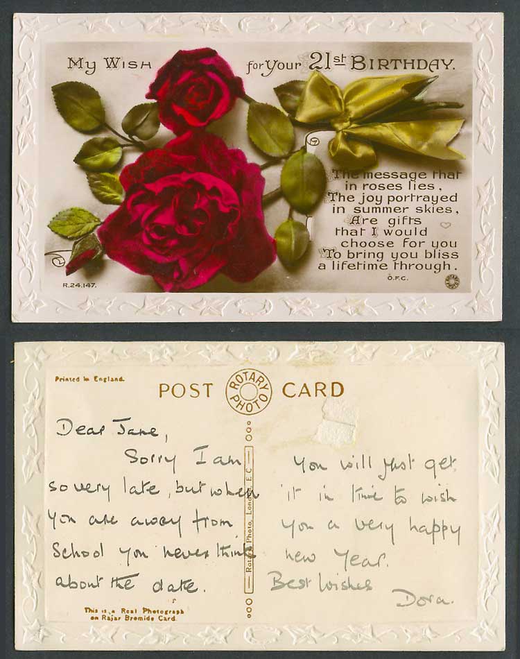 My Wish for Your 21st Birthday, Red Rose Flowers Greetings Old Embossed Postcard