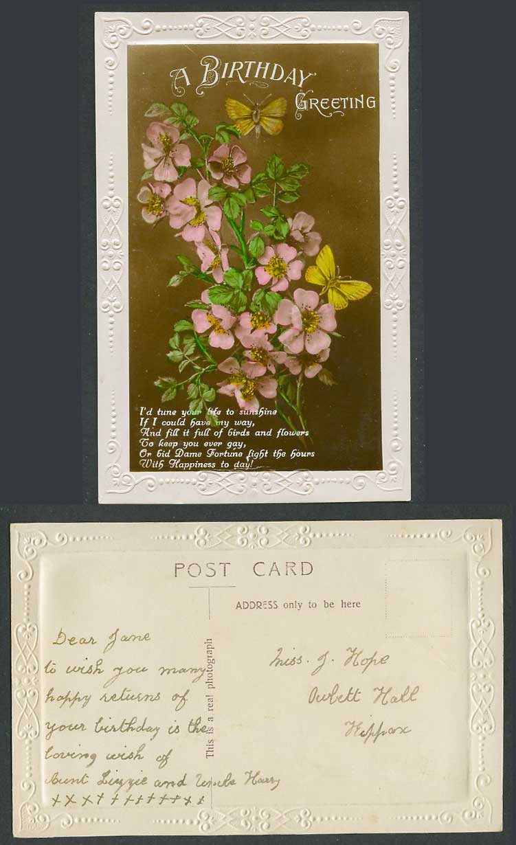 Butterfly Butterflies Flowers, Birthday Greeting Greetings Old Embossed Postcard