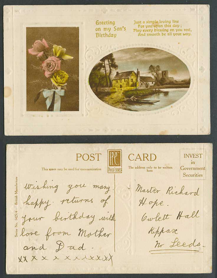 Greeting on my Son's Birthday Rose Roses Flowers Boat Cottage Wheel Old Postcard