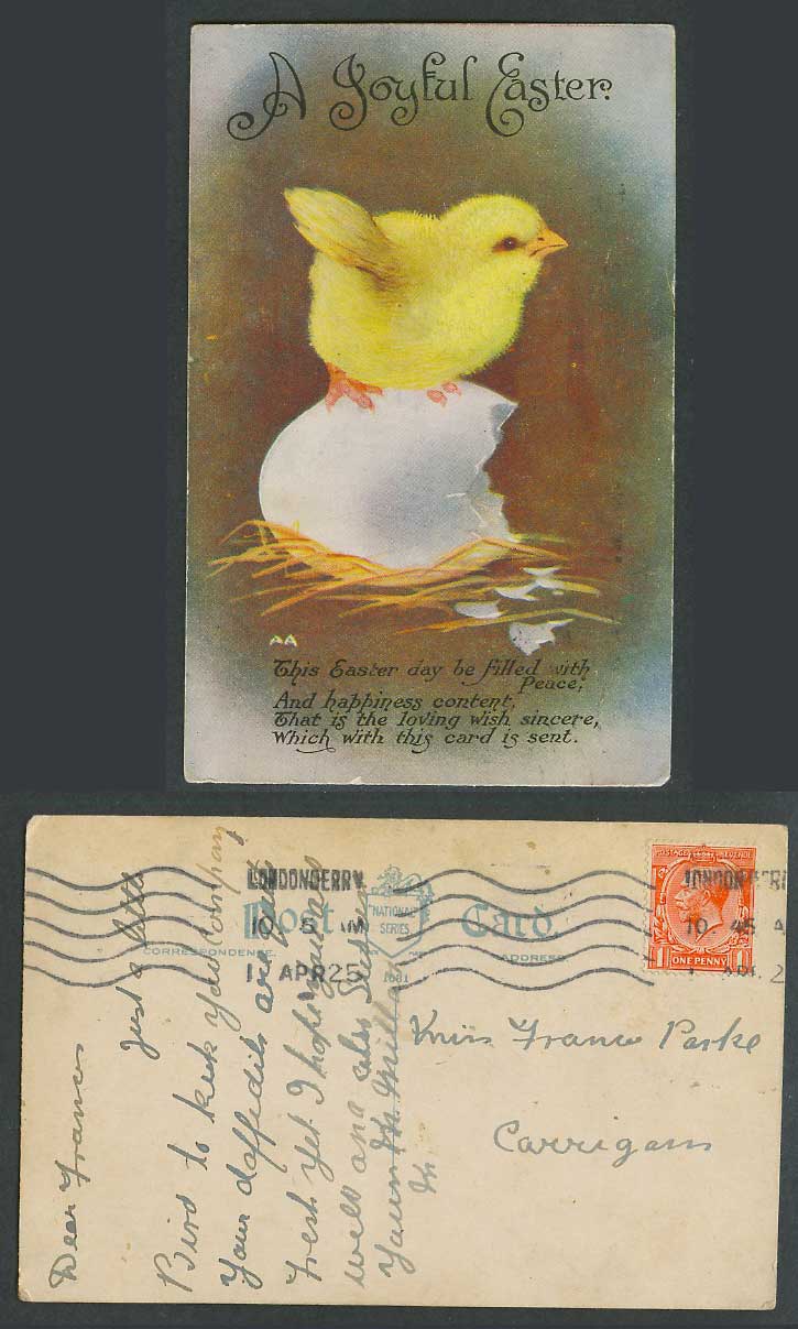 A Chick Bird Just Hatched from Egg, A Joyful Easter, Greetings 1925 Old Postcard