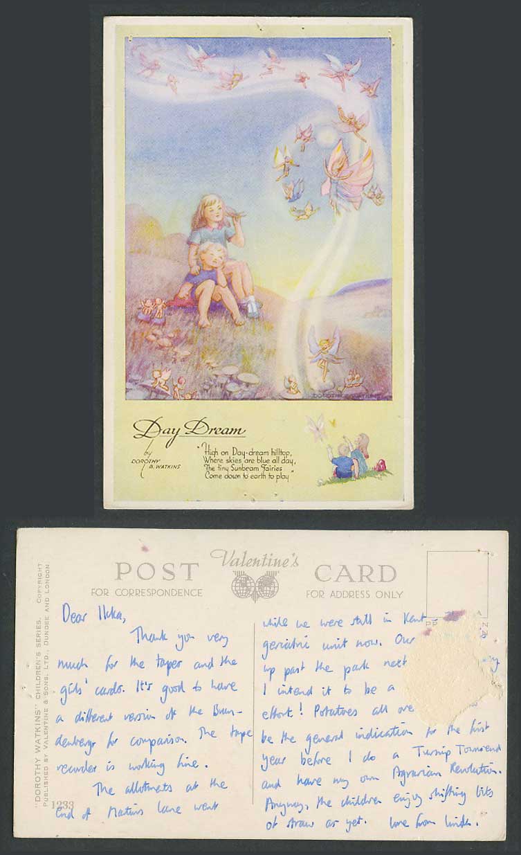 Dorothy B. Watkins Old Postcard Day Dream Hilltop Boy Girl, Tiny Sunbeam Fairies