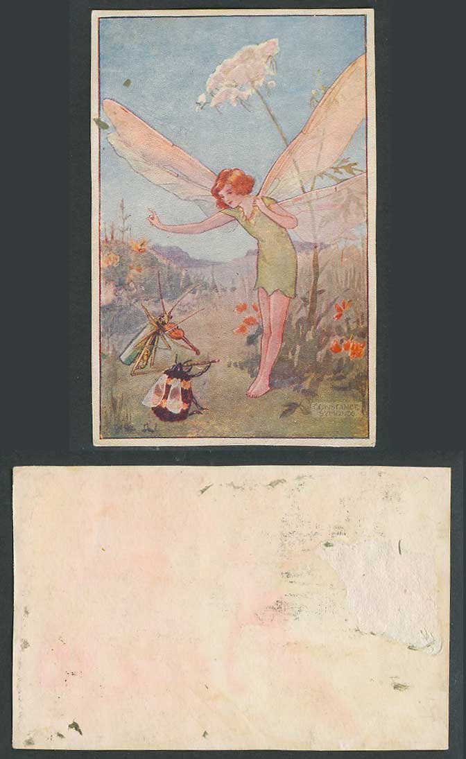 Constance Symonds Old Card Fairy Girl, Grasshopper Playing Violin Beetle Insects