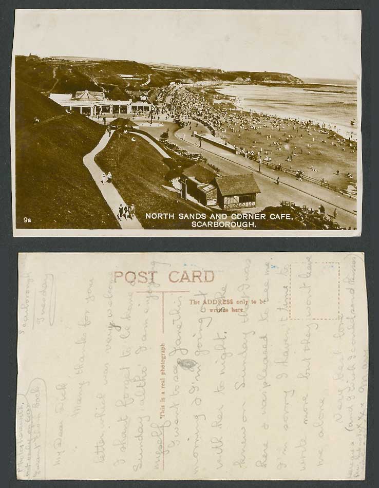Scarborough, North Sands and Corner Cafe, Beach Seaside Panorama Old RP Postcard