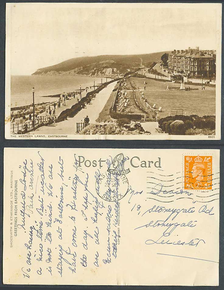 Eastbourne Sussex Old Postcard Western Lawns Statue Monument, Seaside Panorama