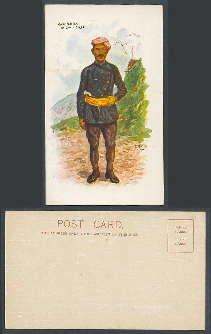 India F.R.C.S. Artist Signed 1904 Old ART Postcard Gurkha Goorkha in Civil Dress