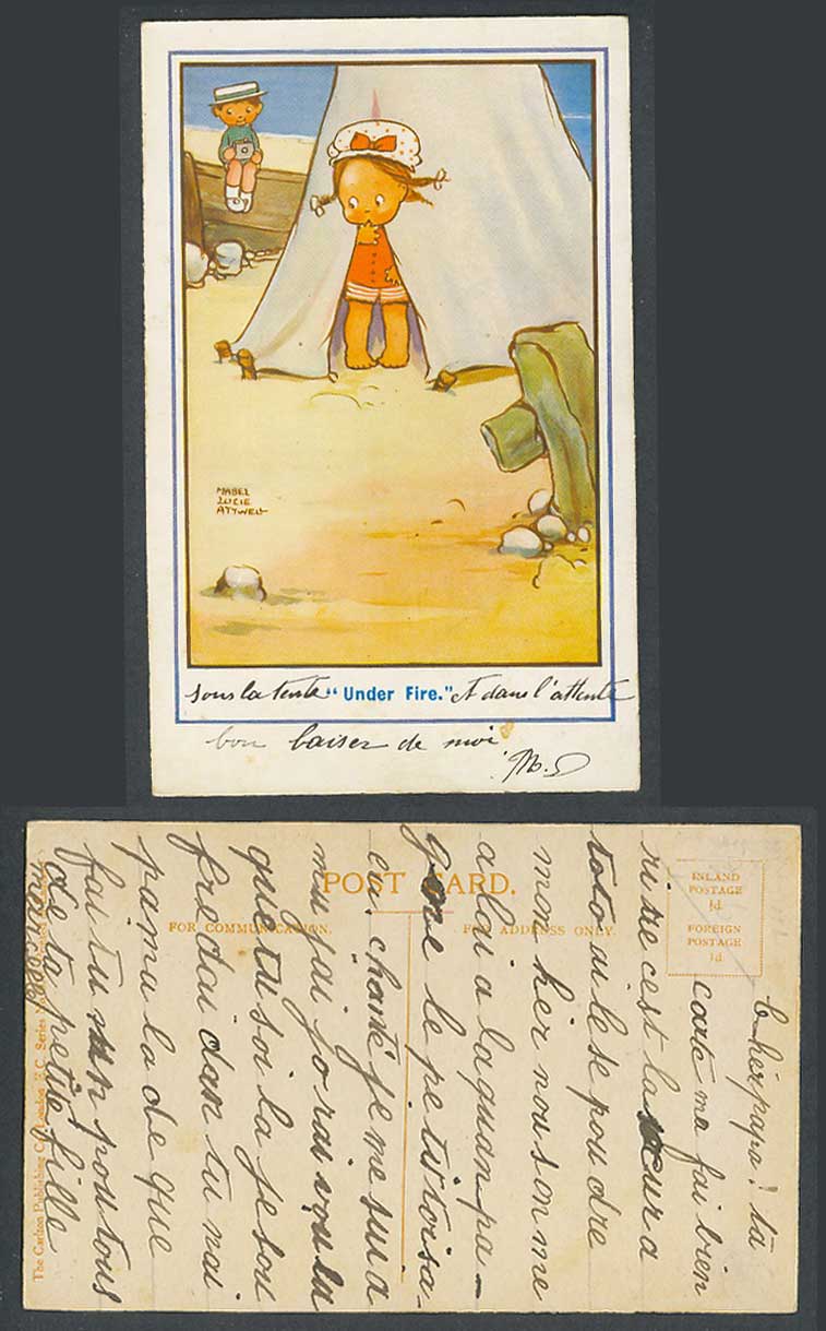 MABEL LUCIE ATTWELL Old Postcard Under Fire Boy and Girl Children Beach Tent 670