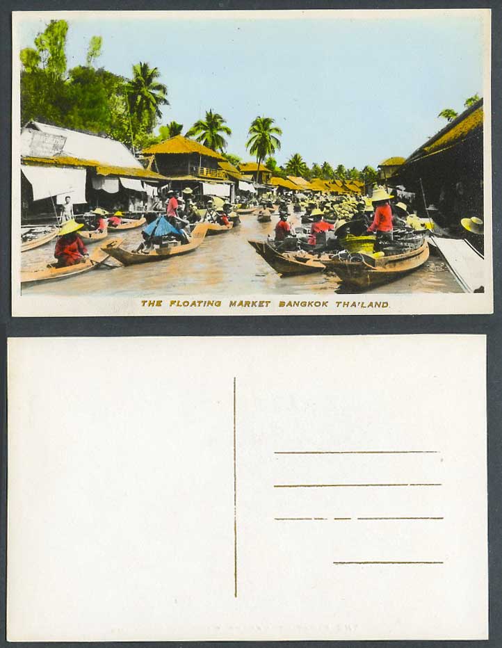 Siam Thai Old Colour RP Postcard Floating Market Bangkok Native Boats Palm Trees