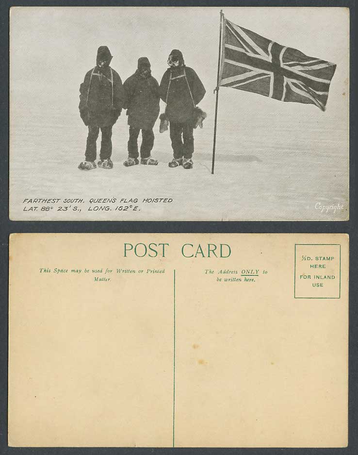 British Antarctic Expedition 1907-09 Old Postcard Queen's Flag 88° 23'S. 162°E.