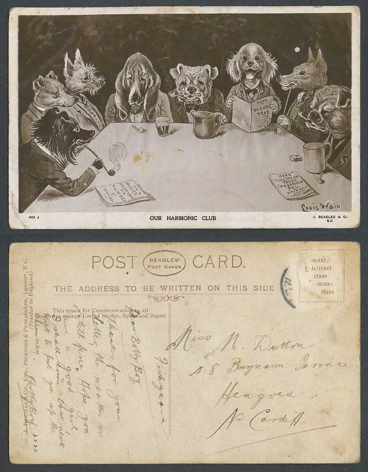 Louis Wain Artist Signed Dogs Puppies Bulldog Dog Our Harmonic Club Old Postcard