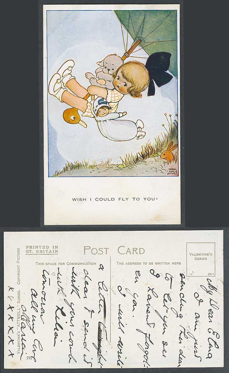 MABEL LUCIE ATTWELL Old Postcard Wish I Could Fly with You! Dog Doll Rabbit 397
