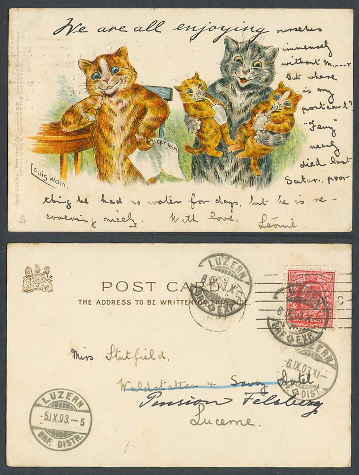 LOUIS WAIN Cats Kitten Twins We Are All Enjoying Tuck's Write Away 1903 Postcard