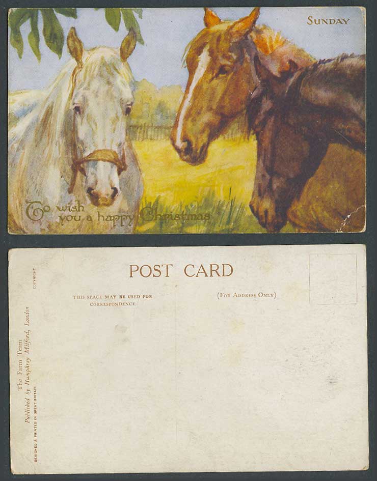 Horse Horses Sunday Go Wish you a Happy Christmas The Farm Team Old ART Postcard