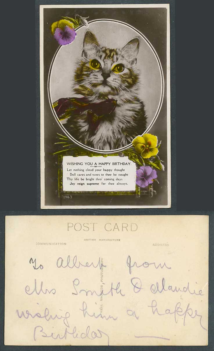 Cat Kitten, Pansies Pansy Flowers Wishing You Happy Birthday Old Colour Postcard