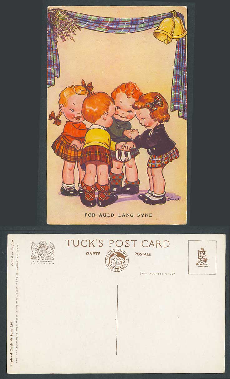 DINAH Artist Signed Old Tuck's Postcard For Auld Lang Syne, Girls Scottish Kilts