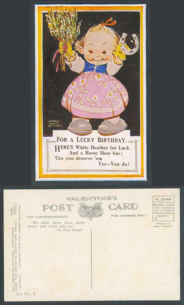 MABEL LUCIE ATTWELL Old Postcard White Heather For Luck Lucky Birthday Set No. 8