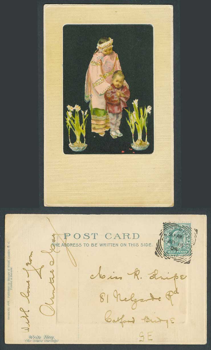 China Bertha Stuart 1904 Old Postcard Chinese Children Narcissus Tazetta Flowers