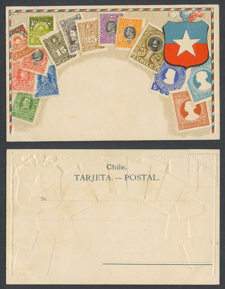 CHILE Montage Vintage Stamps Illustration, Coat of Arms, Stamp Card Old Postcard
