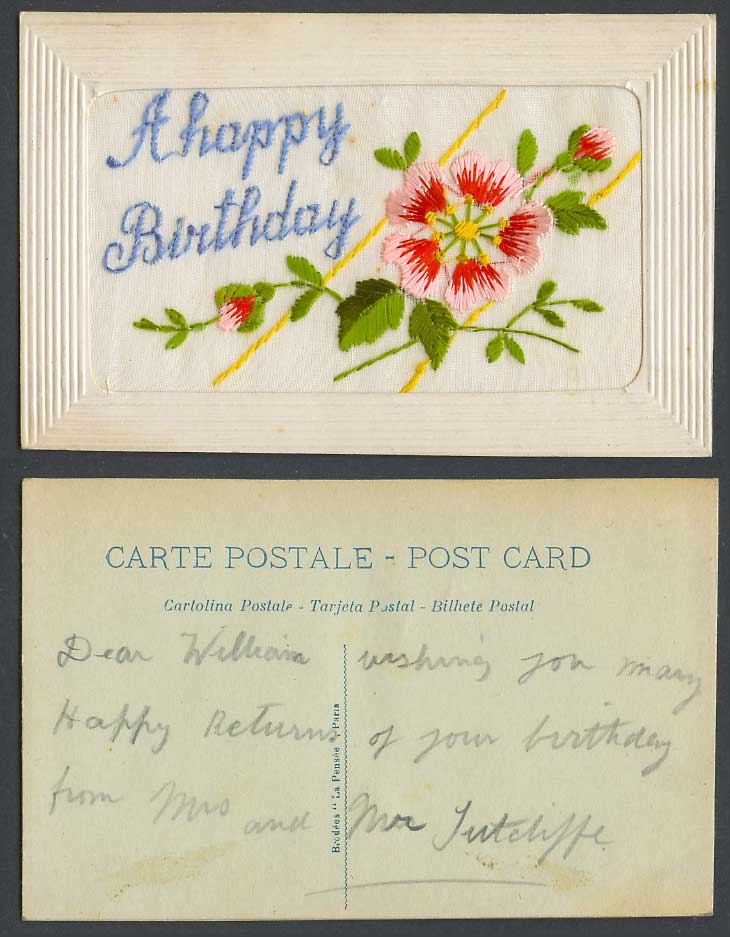 WW1 SILK Embroidered Old Postcard A Happy Birthday, Flowers, Brodees - La Pensee