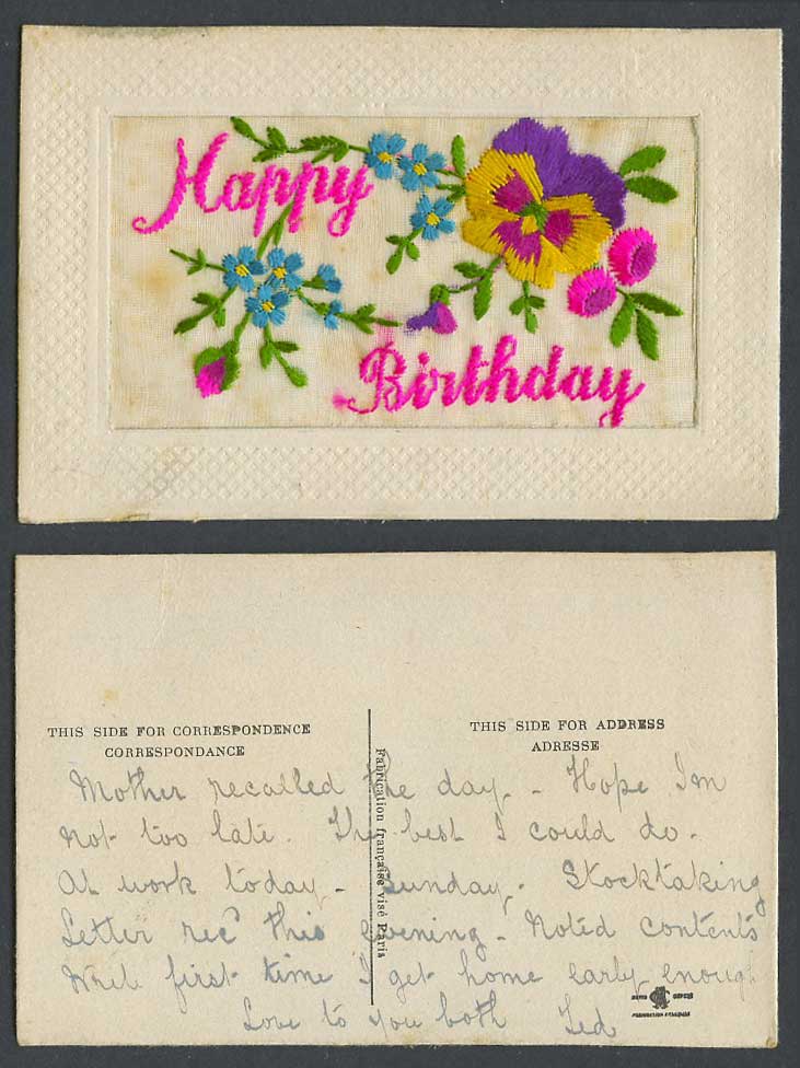 WW1 SILK Embroidered Old Postcard Happy Birthday Pansy Flower Pansies Flowers FF