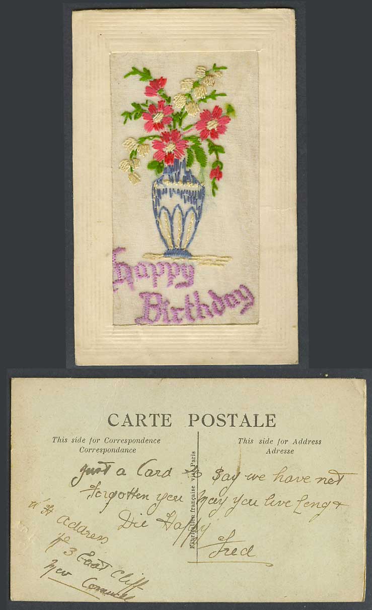 WW1 SILK Embroidered Old Postcard Happy Birthday, Flowers Flower Vase, Greetings