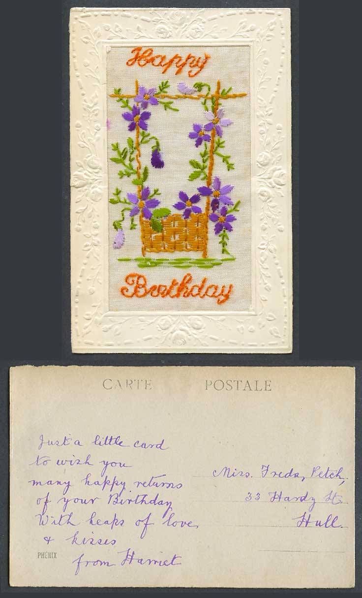 WW1 SILK Embroidered Old Postcard Happy Birthday, Climbing Plants Flowers Phenix