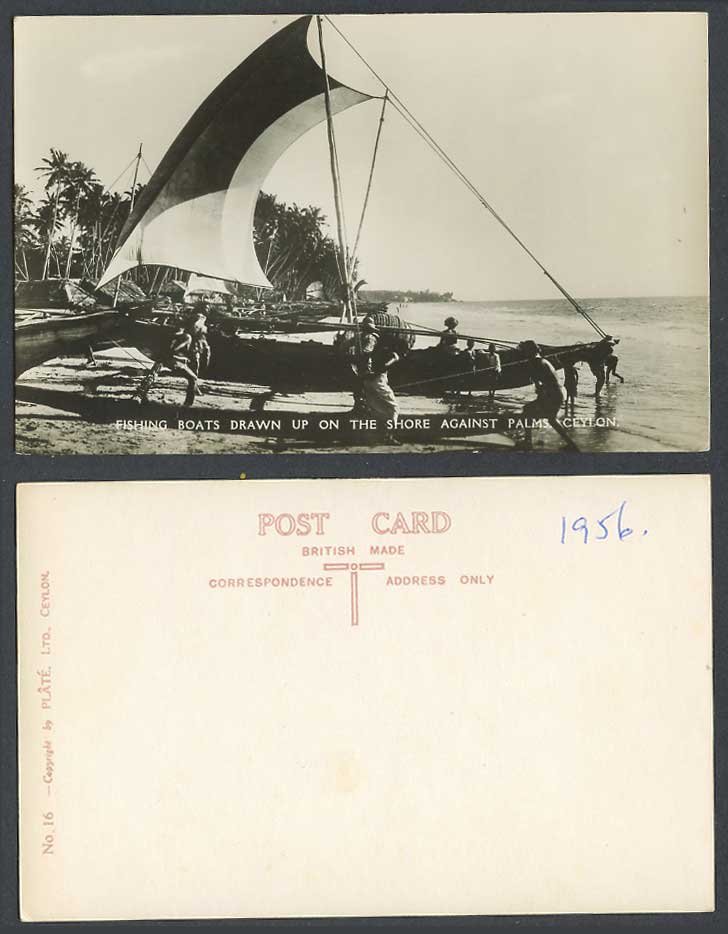 Ceylon 1956 Old R.P. Postcard Fishing Boats Drawn Up on Shore Against Palm Trees