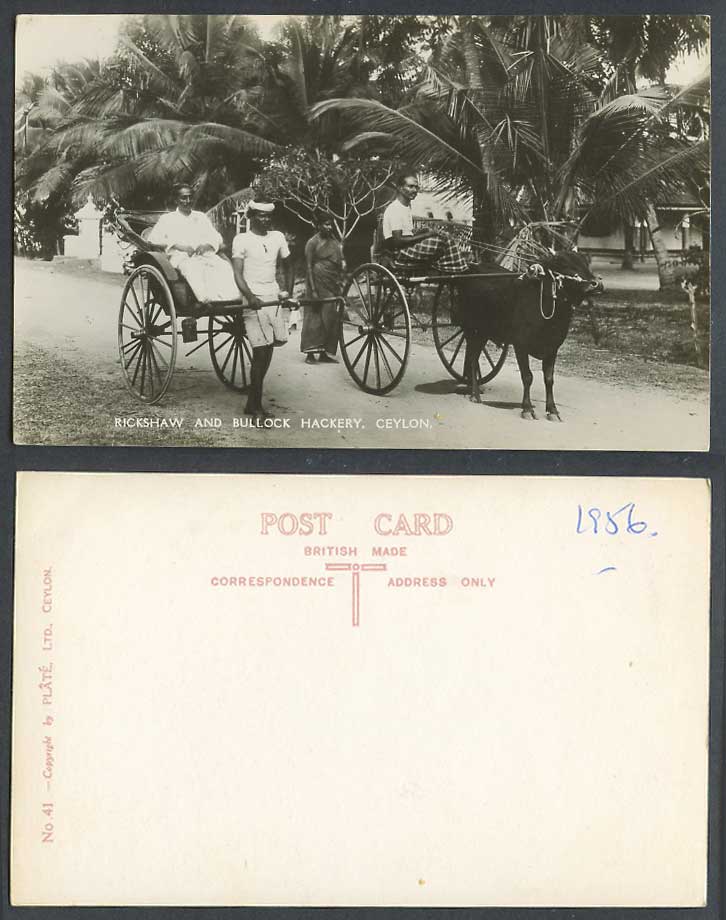 Ceylon 1956 Old Real Photo Postcard Rickshaw & Bullock Hackery Cart Coolie Woman