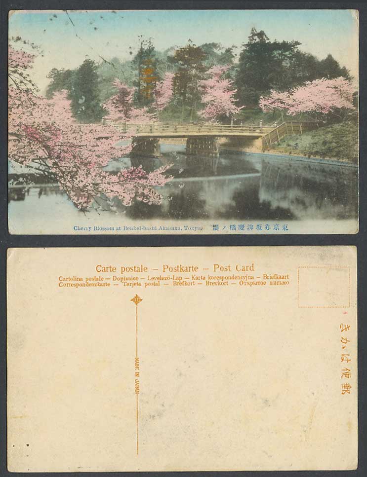 Japan Old Postcard Cherry Blossoms Benki-bashi Bridge Akasaka Tokyo 東京 赤坂 辨慶橋 櫻