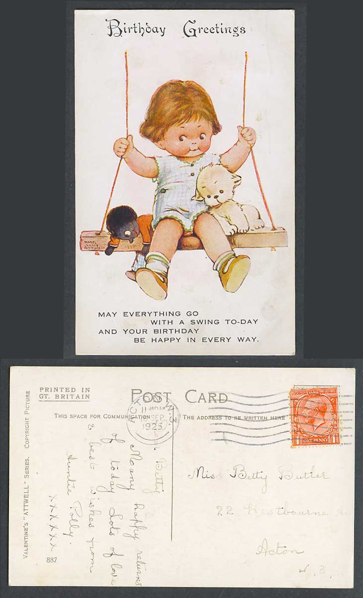 MABEL LUCIE ATTWELL 1925 Old Postcard Birthday, Girl Black Doll Dog on Swing 887