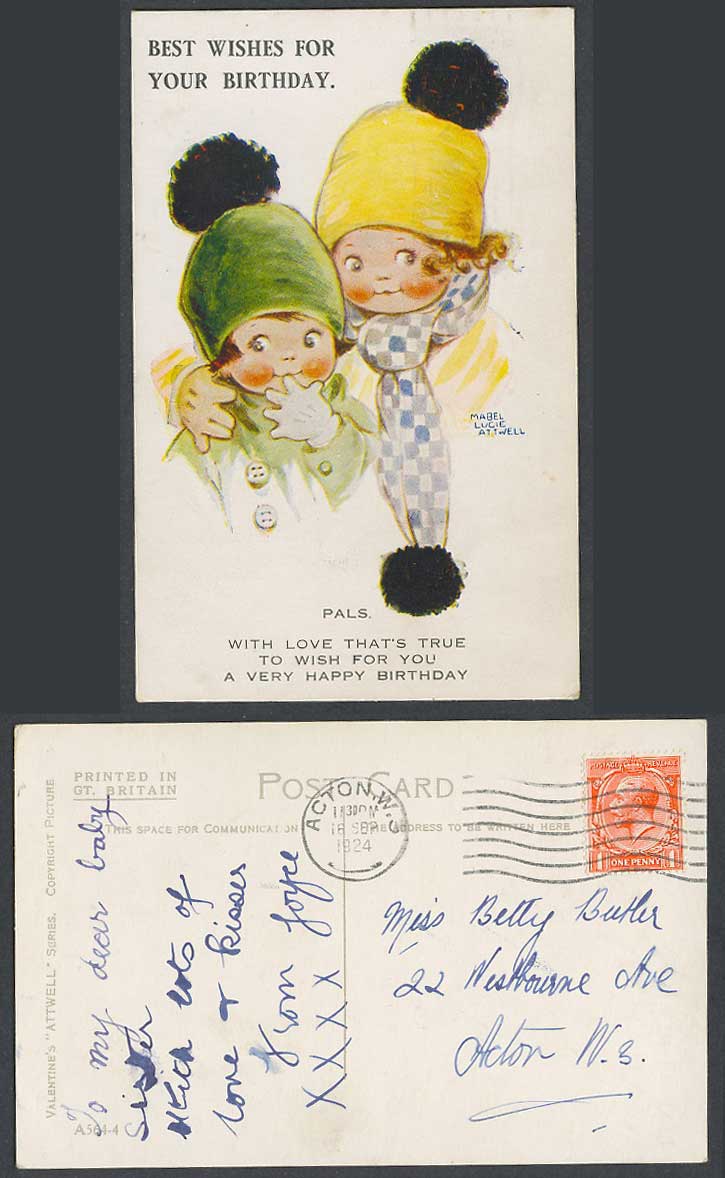 MABEL LUCIE ATTWELL 1924 Old Postcard Birthday Pals With Love That's True A564-4