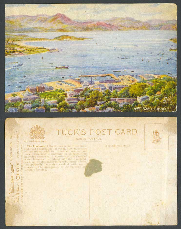 Hong Kong China Old Tuck's Oilette Postcard The Harbour Hill Boat Ships Panorama