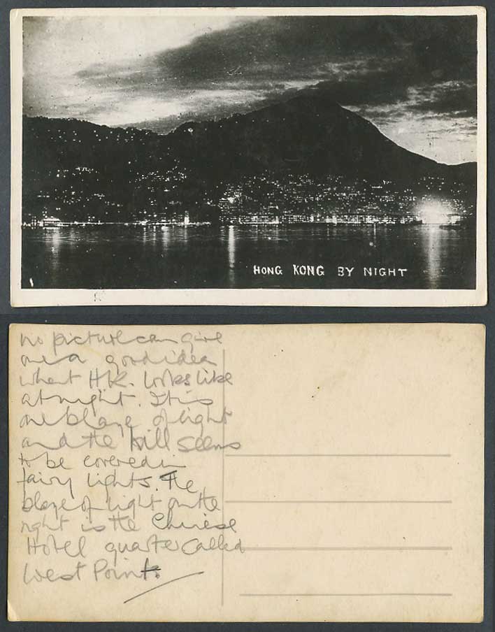 Hong Kong by Night Old Real Photo Postcard Harbour Hill Chinese Hotel West Point