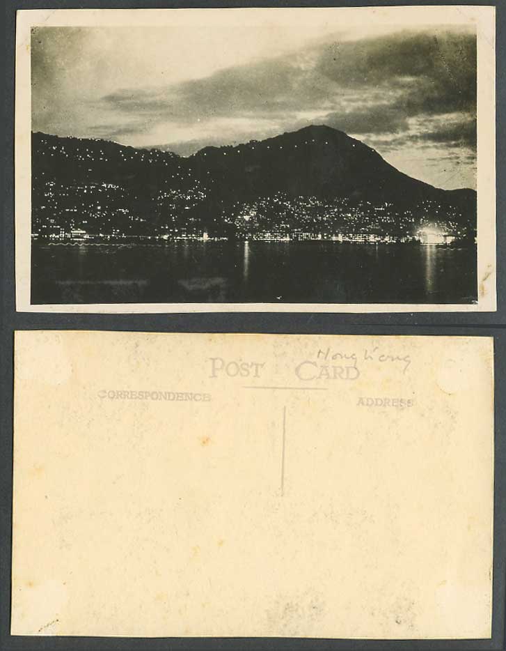 Hong Kong by Night Old Real Photo Postcard Harbour Peak Buildings Illuminations
