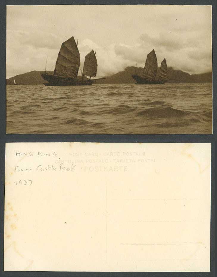 Hong Kong from Castle Peak 1937 Old Postcard Chinese Junks, Sailing Boats, China