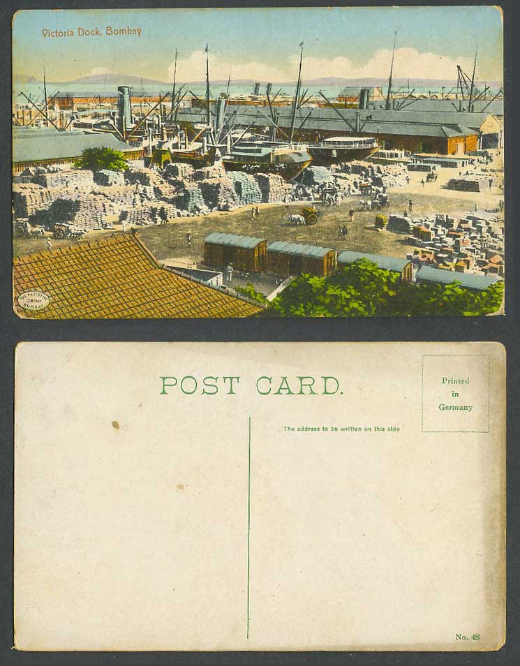 India Old Colour Postcard Victoria Dock, Bombay, Ships Boats Harbour Cattle Cart
