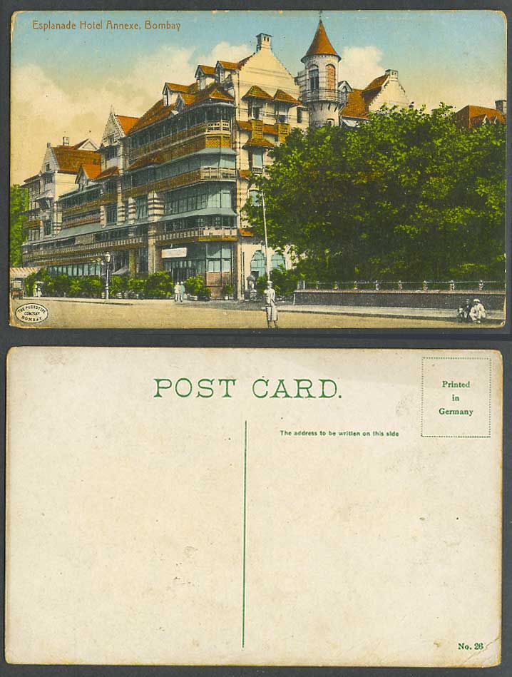 India Old Colour Postcard THE ESPLANADE HOTEL ANNEXE Bombay, Street Scene Men 26