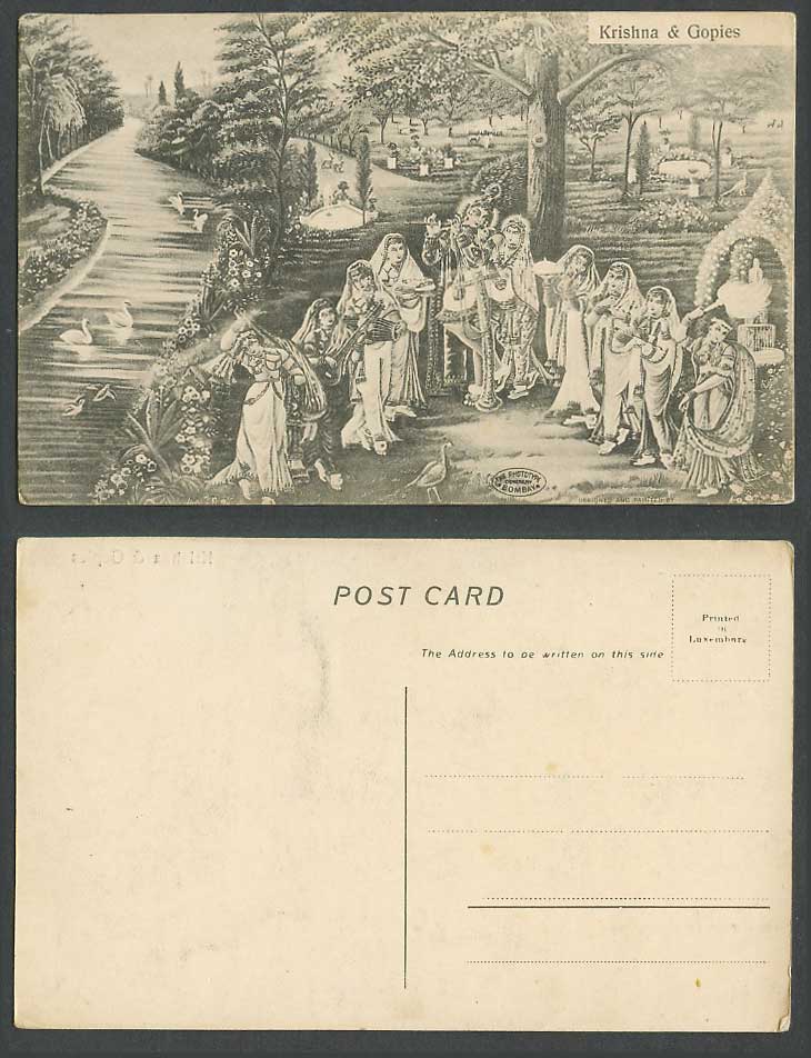 India Old Postcard Krishna & Gopies River Swan Birds Cowherding Girls Flute Drum