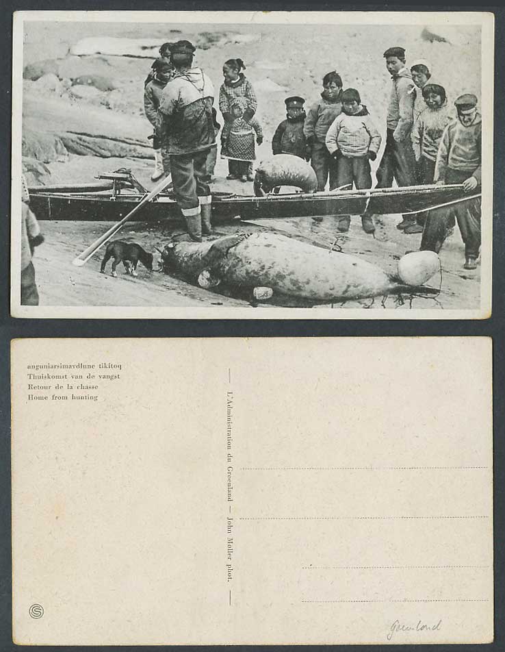 Greenland Denmark Old Postcard Home from Hunting Seals, Dog Fishermen Boys Girls