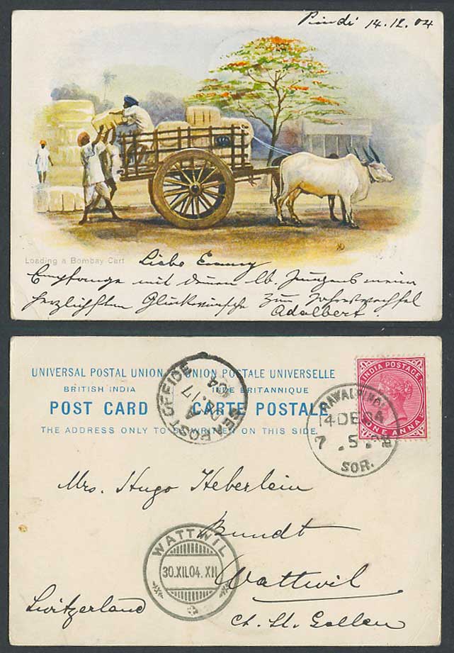 India M V Dhurandhar Court Size QV 1a 1904 Old UB Postcard Loading a Bombay Cart
