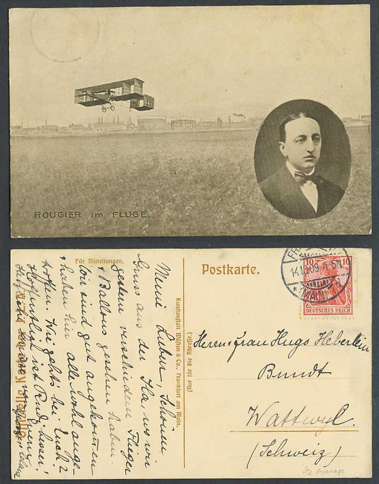 Biplane Airplane Aircraft, Henri Louis Rougier im Fluge J.L.A. 1909 Old Postcard