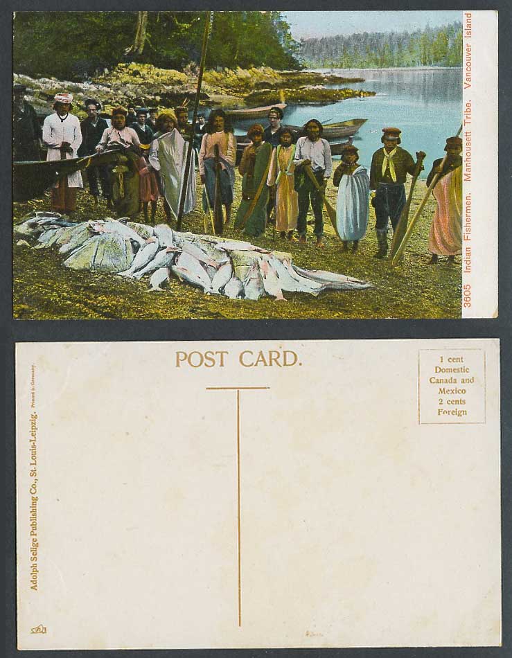 Canada Indian Fishermen Manhousett Tribe Vancouver Island Fish Boat Old Postcard