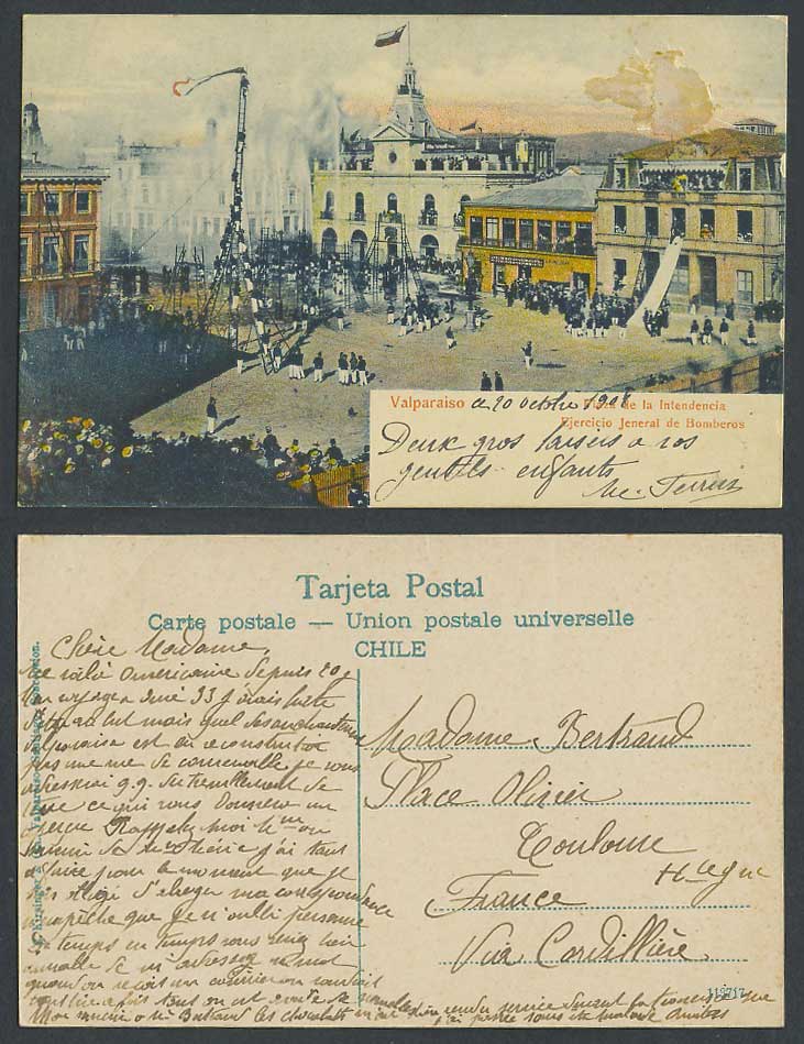 Chile 1908 Postcard Valparaiso Plaza de la Intendencia Fire Brigade Firefighters
