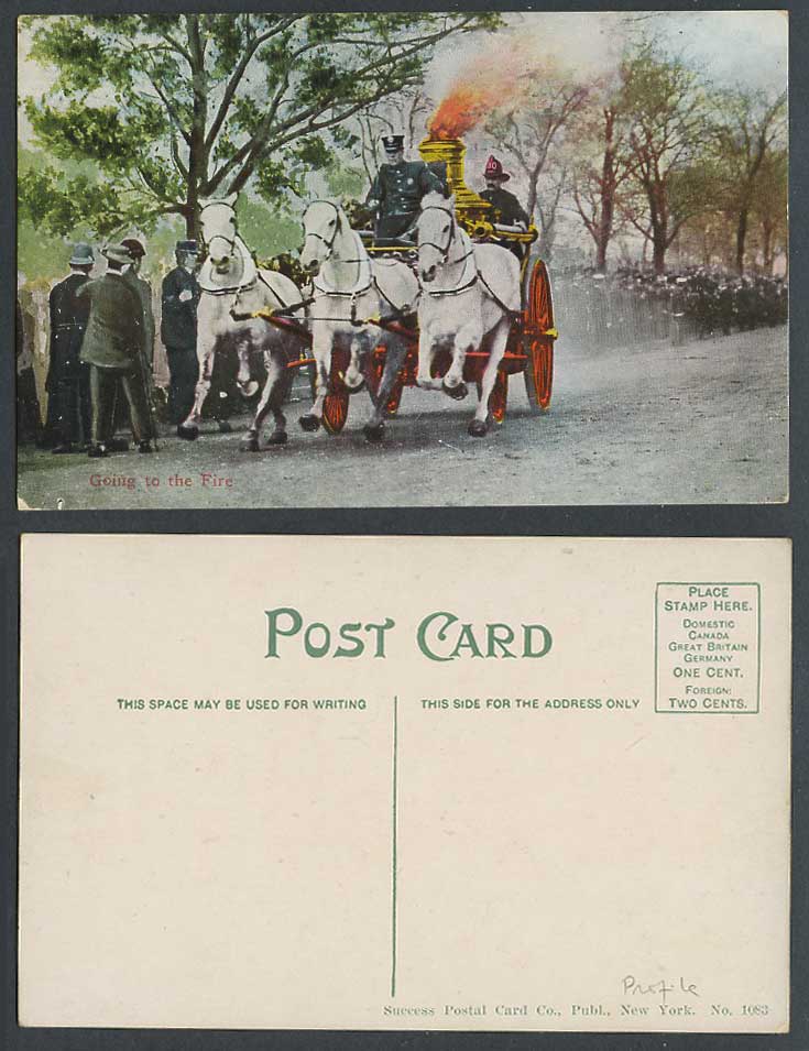 Fire Brigade Firemen Firefighters, 3 Horses Drawn Fire Engine Cart Old Postcard