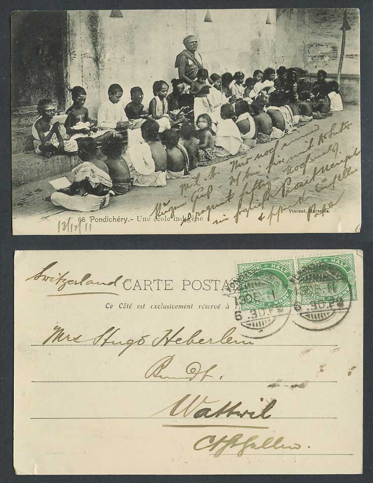 India Old UB Postcard Pondichery Une Ecole indigene Indigenous School Boys Girls