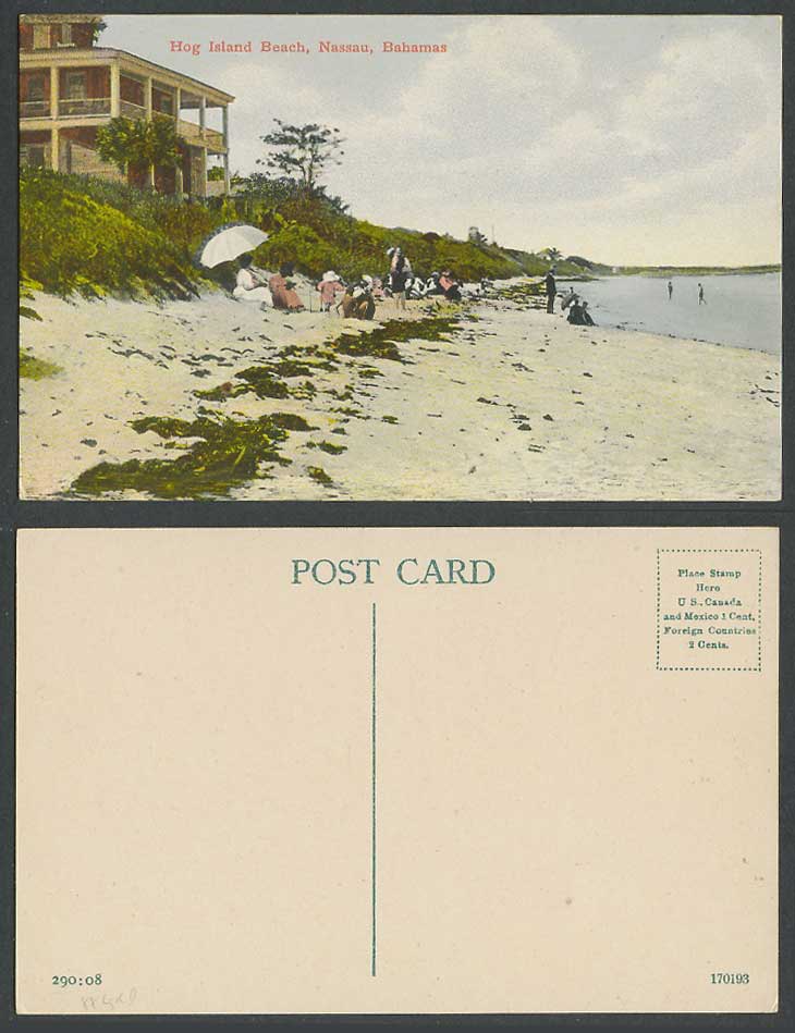 Bahamas Old Colour Postcard Nassau, Hog Island Beach, Seaside Panorama, Umbrella