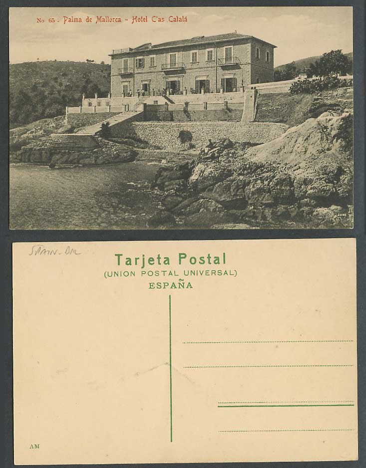 Spain Old Postcard Palma de Mallorca, Hotel C'as Catala, Steps Rocks Coast AM 65