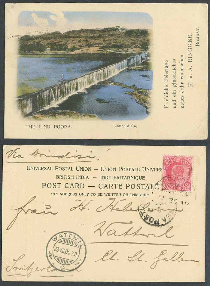 India Sea Post Office KE7 1a 1904 Old UB Postcard The Bund Poona Pune, Waterfall
