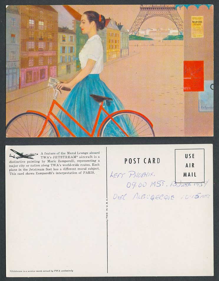 Maric Zamparelli 1959 Old ART Postcard Bicycle Lady Eiffel Tower TWA's JETSTREAM